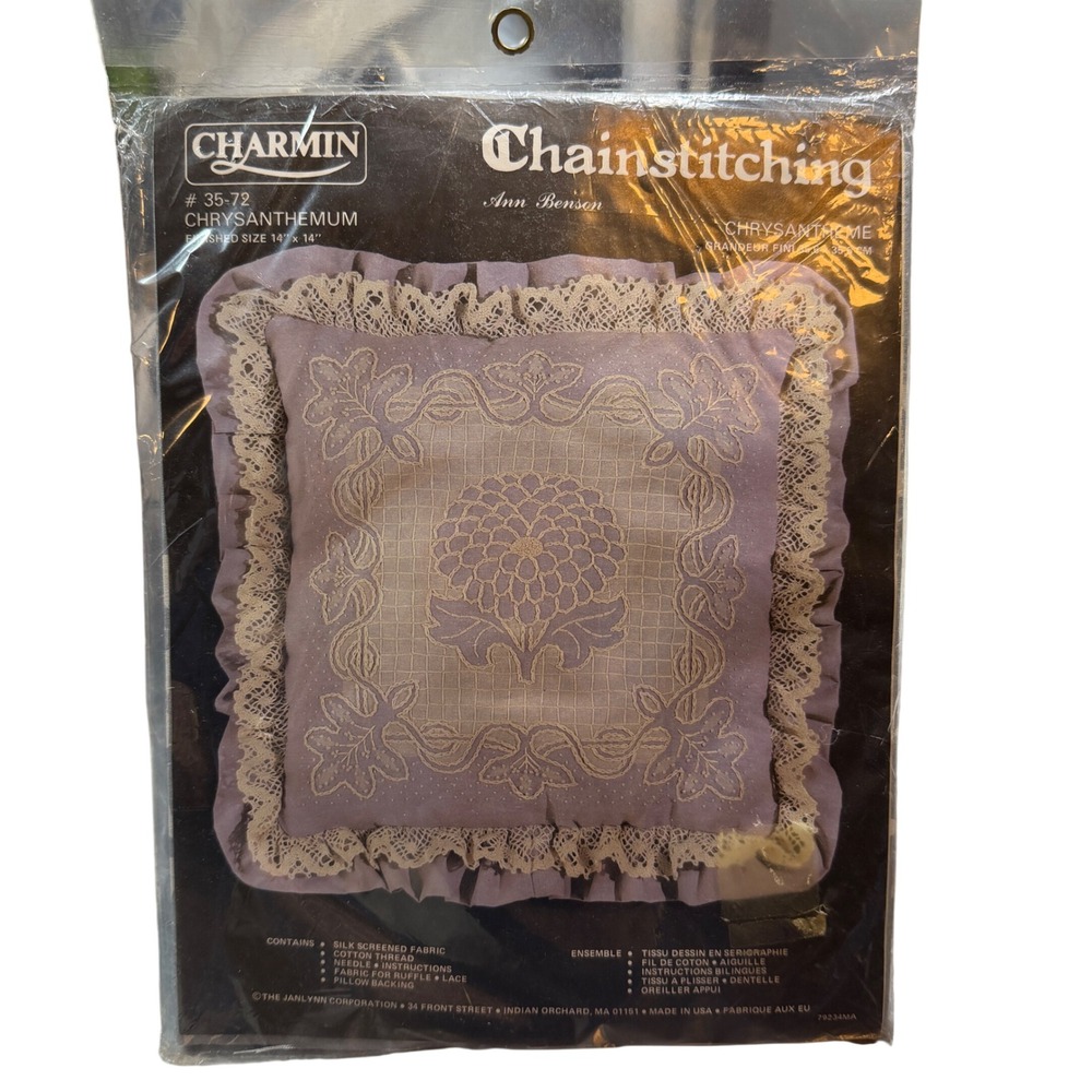 Janlynn Charmin Chrysanthemum Chainstitching Pillow Kit Lace 14x14 35-72 New VTG